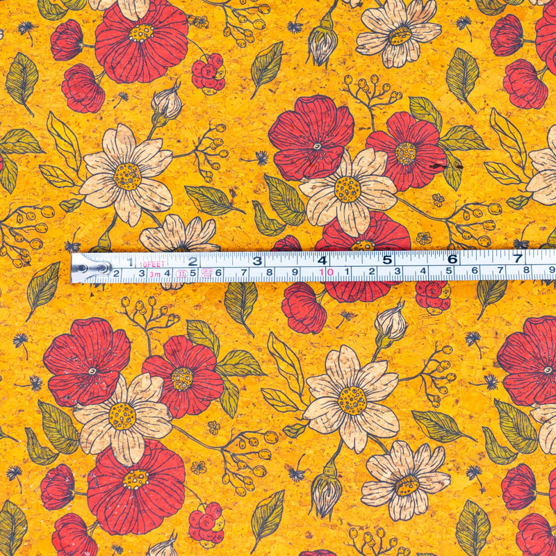 Floral Print Cork Fabric With Yellow Background Cof-540 Cork Fabric