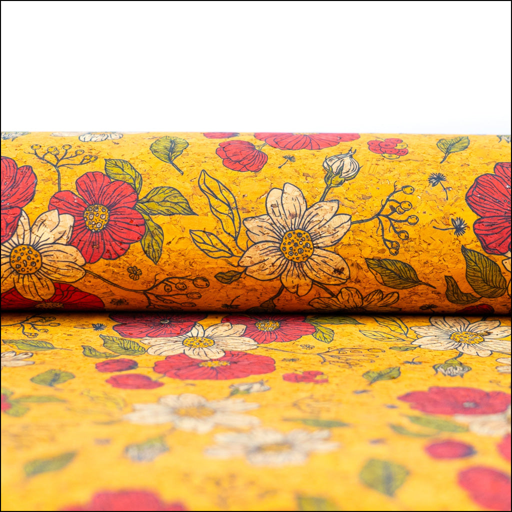 Floral Print Cork Fabric With Yellow Background Cof-540 Cork Fabric