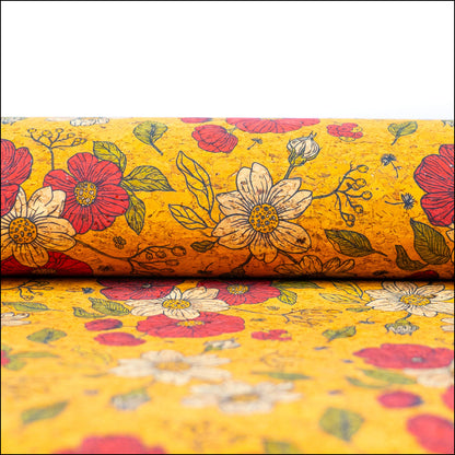 Floral Print Cork Fabric With Yellow Background Cof-540 Cork Fabric