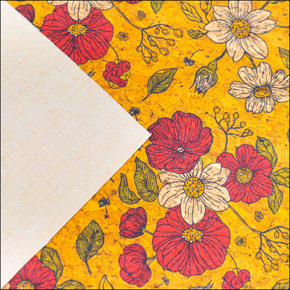 Floral Print Cork Fabric With Yellow Background Cof-540 Cork Fabric