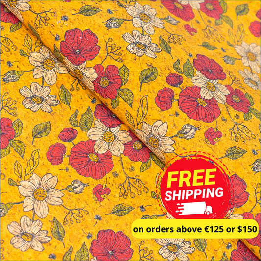 Floral Print Cork Fabric With Yellow Background Cof-540 Cork Fabric