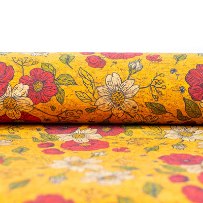 Floral Print Cork Fabric With Yellow Background Cof-540 Cork Fabric
