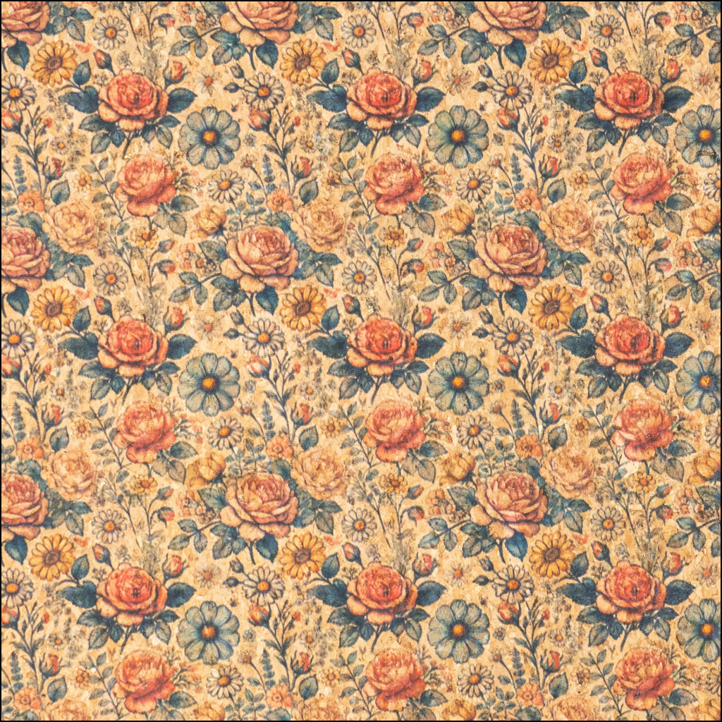 Floral Roses Pattern Cork Fabric COF-773 1/2M (138*50 cm / 54*19 inches) cork fabric