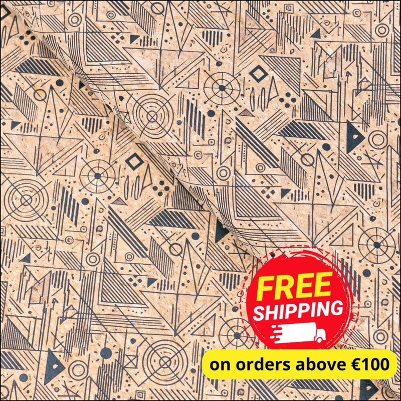 Geometric Collection - Triangle and Circles Lines Pattern Cork Fabric COF-738 1/2M (138*50 cm / 54*19 inches) cork