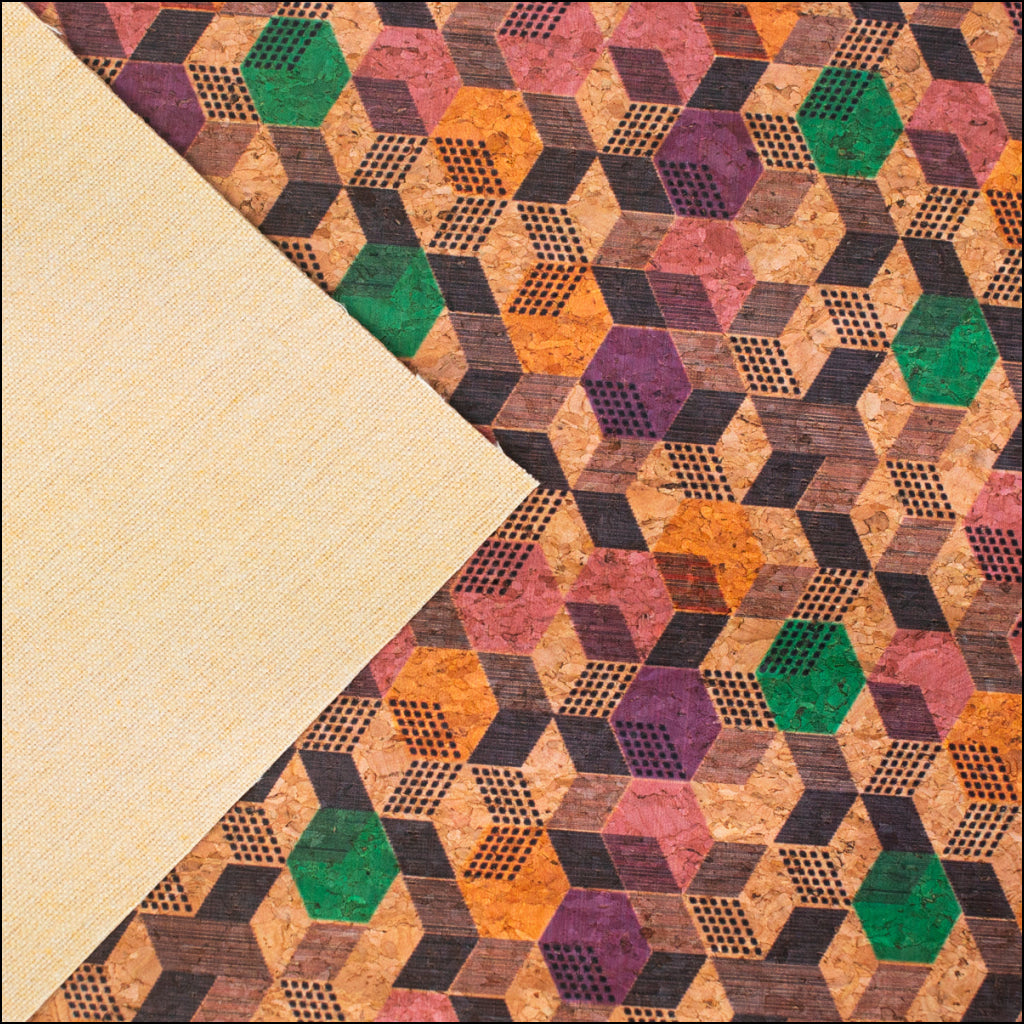Geometric Cubes Print On Natural Cork Material Cof-472 Cork Fabric