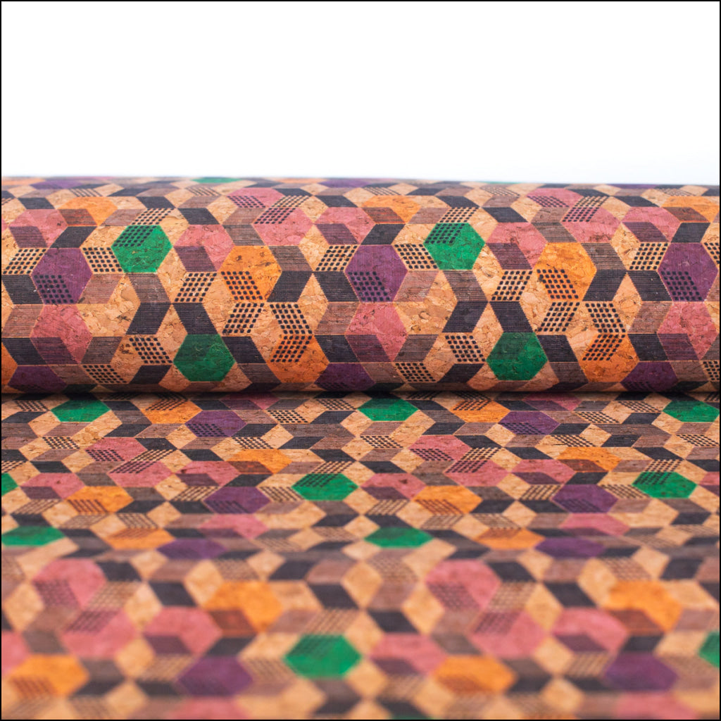 Geometric Cubes Print On Natural Cork Material Cof-472 Cork Fabric