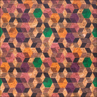 Geometric Cubes Print On Natural Cork Material Cof-472 Cork Fabric