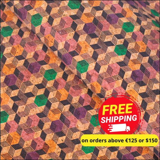Geometric Cubes Print On Natural Cork Material Cof-472 Cork Fabric
