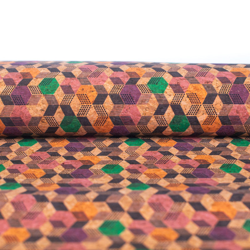 Geometric Cubes Print On Natural Cork Material Cof-472 Cork Fabric