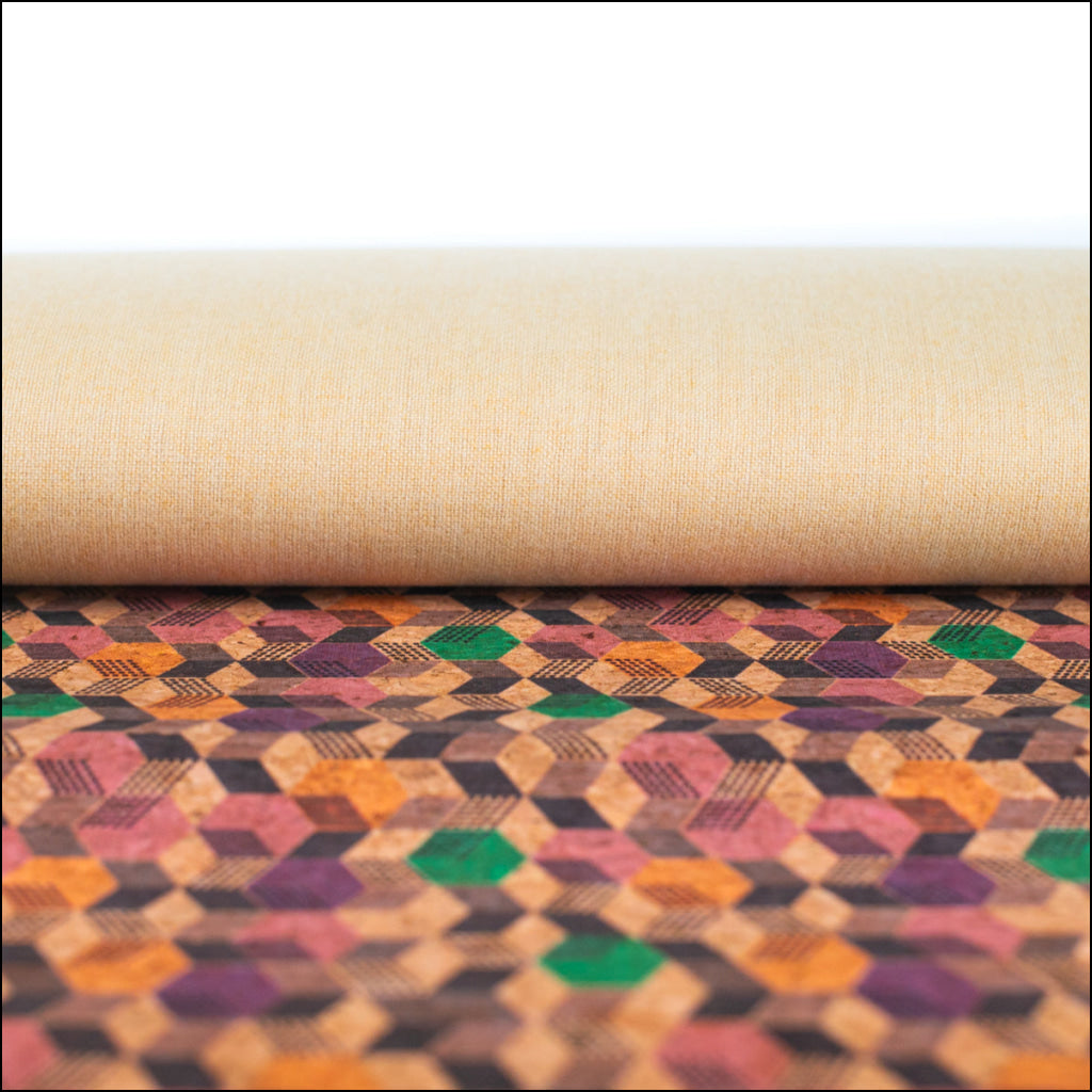 Geometric Cubes Print On Natural Cork Material Cof-472 Cork Fabric