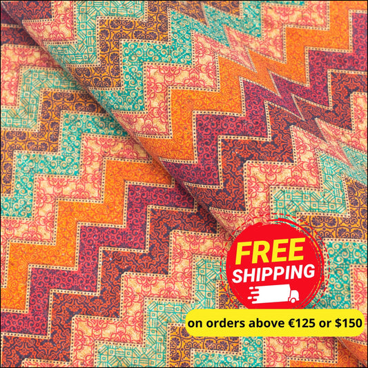 Geometric Wavy Stripes Colourful Flowers Cork Fabric Cof-265 Cork Fabric