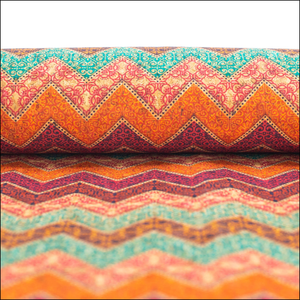 Geometric Wavy Stripes Colourful Flowers Cork Fabric Cof-265 Cork Fabric