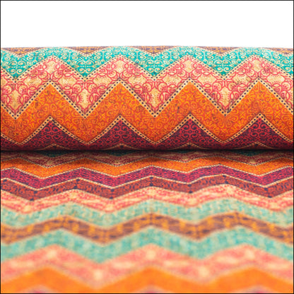 Geometric Wavy Stripes Colourful Flowers Cork Fabric Cof-265 Cork Fabric