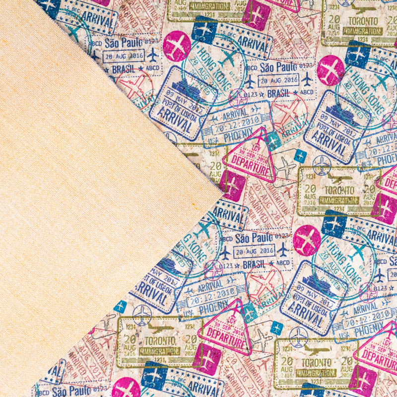 Global Explorer: Passport Stamp Pattern Cork Fabric Cof-507 Cork Fabric