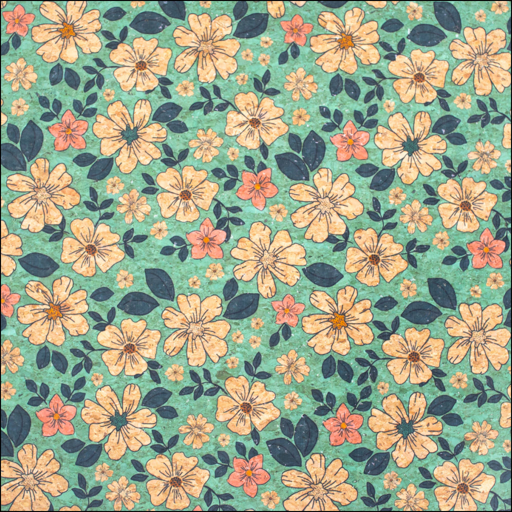 Green Flowers Pattern Cork Fabric Cof-335-B Cork Fabric