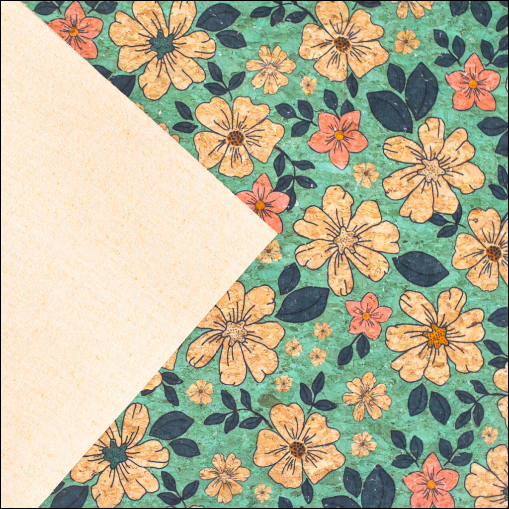 Green Flowers Pattern Cork Fabric Cof-335-B Cork Fabric
