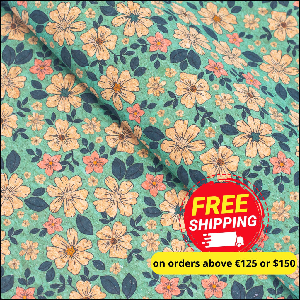 Green Flowers Pattern Cork Fabric Cof-335-B Cork Fabric