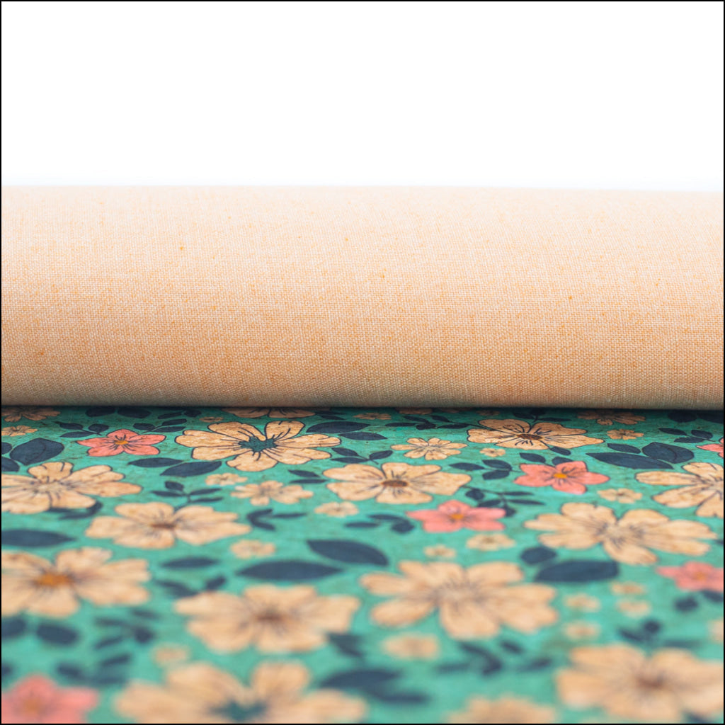 Green Flowers Pattern Cork Fabric Cof-335-B Cork Fabric