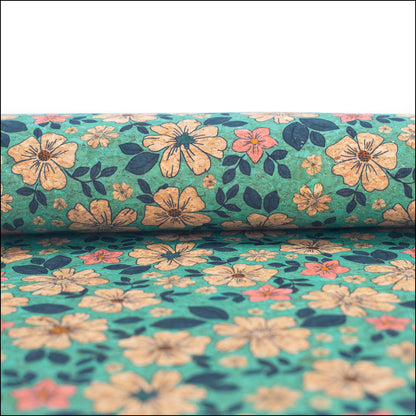Green Flowers Pattern Cork Fabric Cof-335-B Cork Fabric