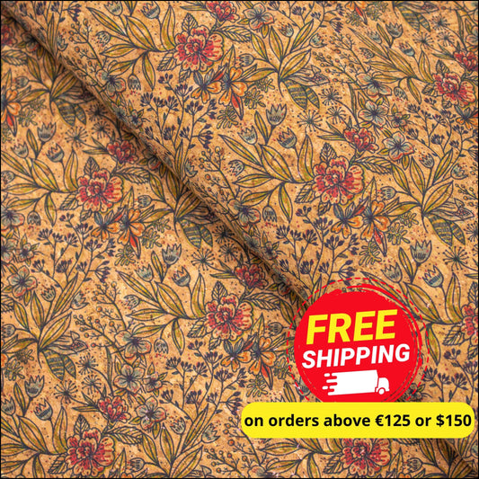 Green Leaves And Flowers Pattern Cork Fabric Cof-381 Cork