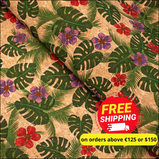 Green Palm Leaves And Flowers Cork Fabric Cof-394 Cork Fabric