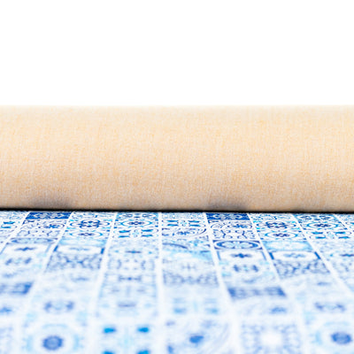 High-Quality Printed Cork Fabric With Blue Portuguese Tile Pattern Cof-567 Cork Fabric