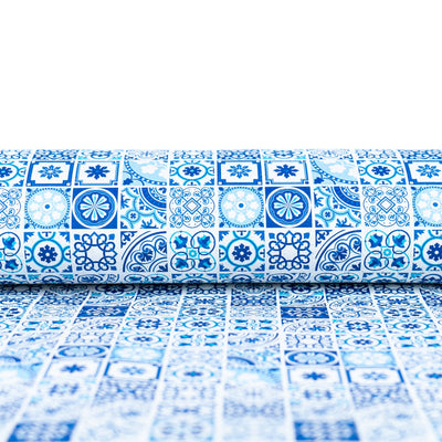 High-Quality Printed Cork Fabric With Blue Portuguese Tile Pattern Cof-567 Cork Fabric