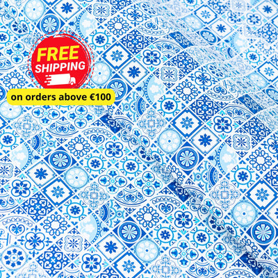 High-Quality Printed Cork Fabric With Blue Portuguese Tile Pattern Cof-567 Cork Fabric