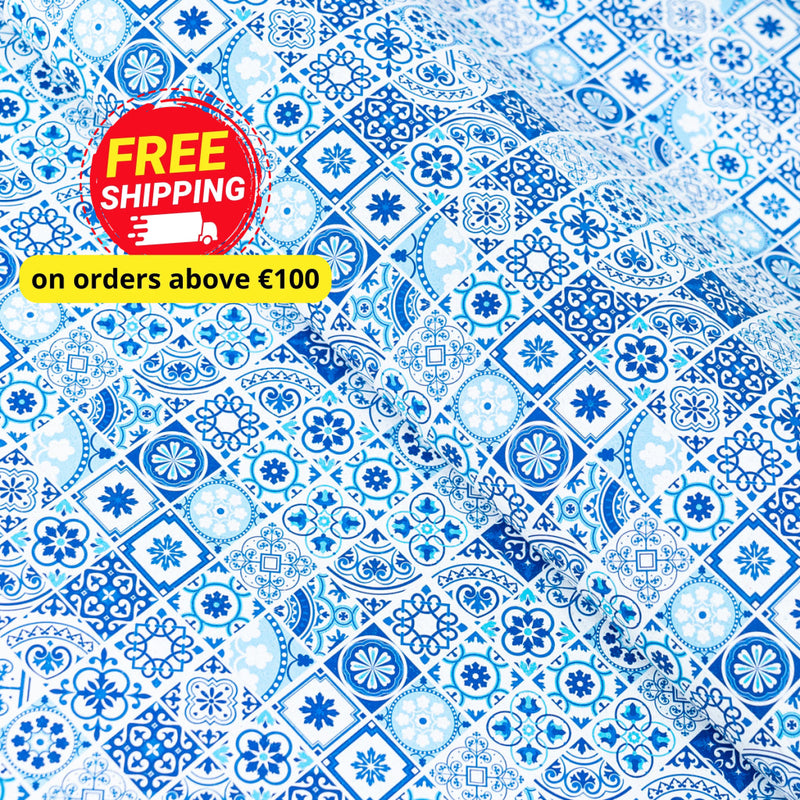 High-Quality Printed Cork Fabric With Blue Portuguese Tile Pattern Cof-567 Cork Fabric