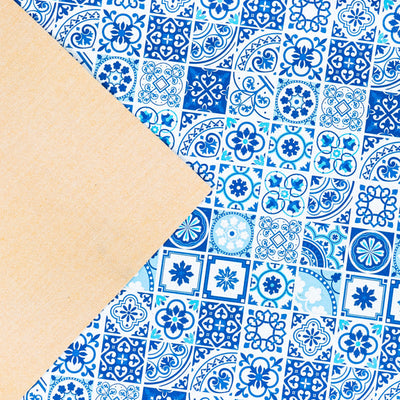 High-Quality Printed Cork Fabric With Blue Portuguese Tile Pattern Cof-567 Cork Fabric