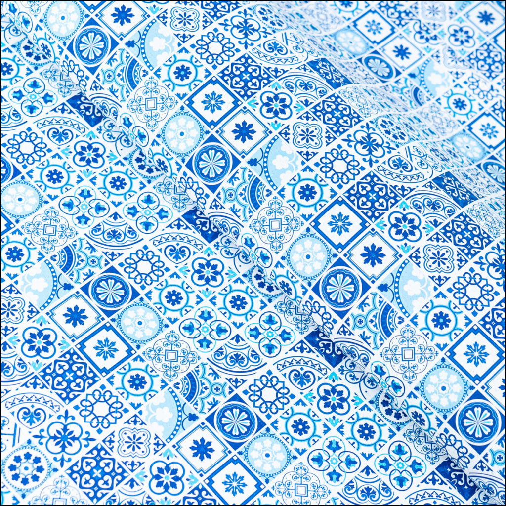 High-Quality Printed Cork Fabric with Blue Portuguese Tile Pattern COF-567 cork fabric