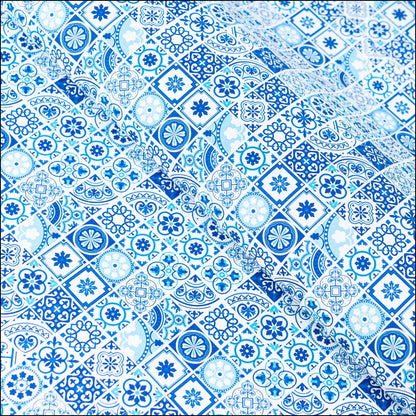 High-Quality Printed Cork Fabric with Blue Portuguese Tile Pattern COF-567 cork fabric