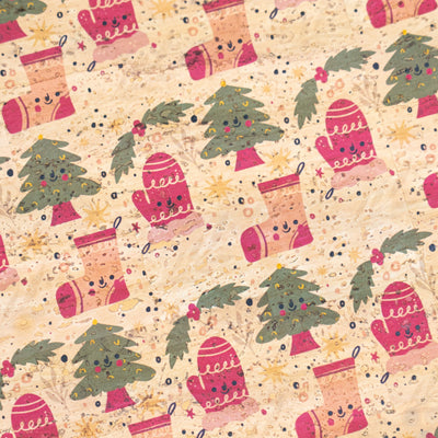 Holiday Special - Cozy Mittens Stockings & Trees on Natural Cork Fabric COF-10 1/2M (138*50 cm / 54*19 inches) cork