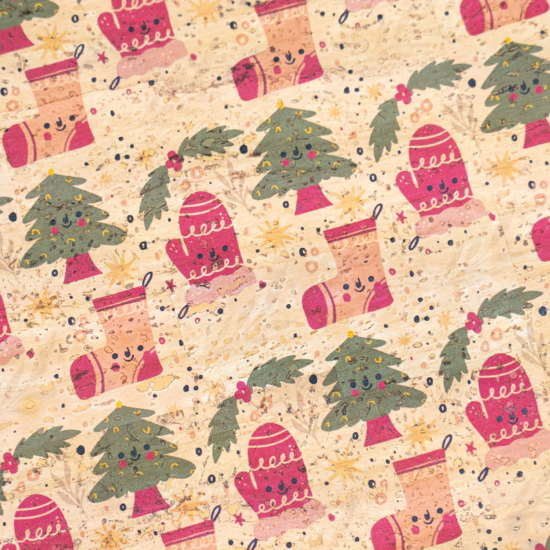 Holiday Special - Cozy Mittens Stockings & Trees on Natural Cork Fabric COF-10 1/2M (138*50 cm / 54*19 inches) cork