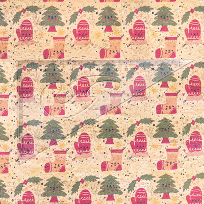 Holiday Special - Cozy Mittens Stockings & Trees on Natural Cork Fabric COF-10 1/2M (138*50 cm / 54*19 inches) cork