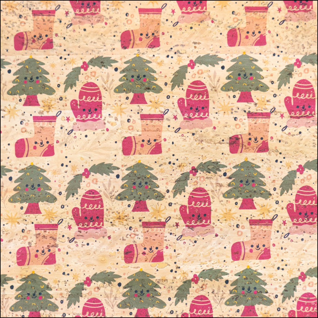 Holiday Special - Cozy Mittens Stockings & Trees on Natural Cork Fabric COF-10 1/2M (138*50 cm / 54*19 inches) cork