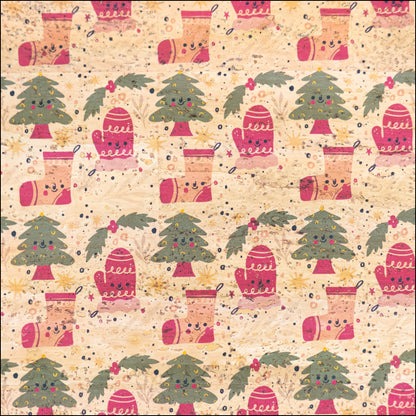 Holiday Special - Cozy Mittens Stockings & Trees on Natural Cork Fabric COF-10 1/2M (138*50 cm / 54*19 inches) cork