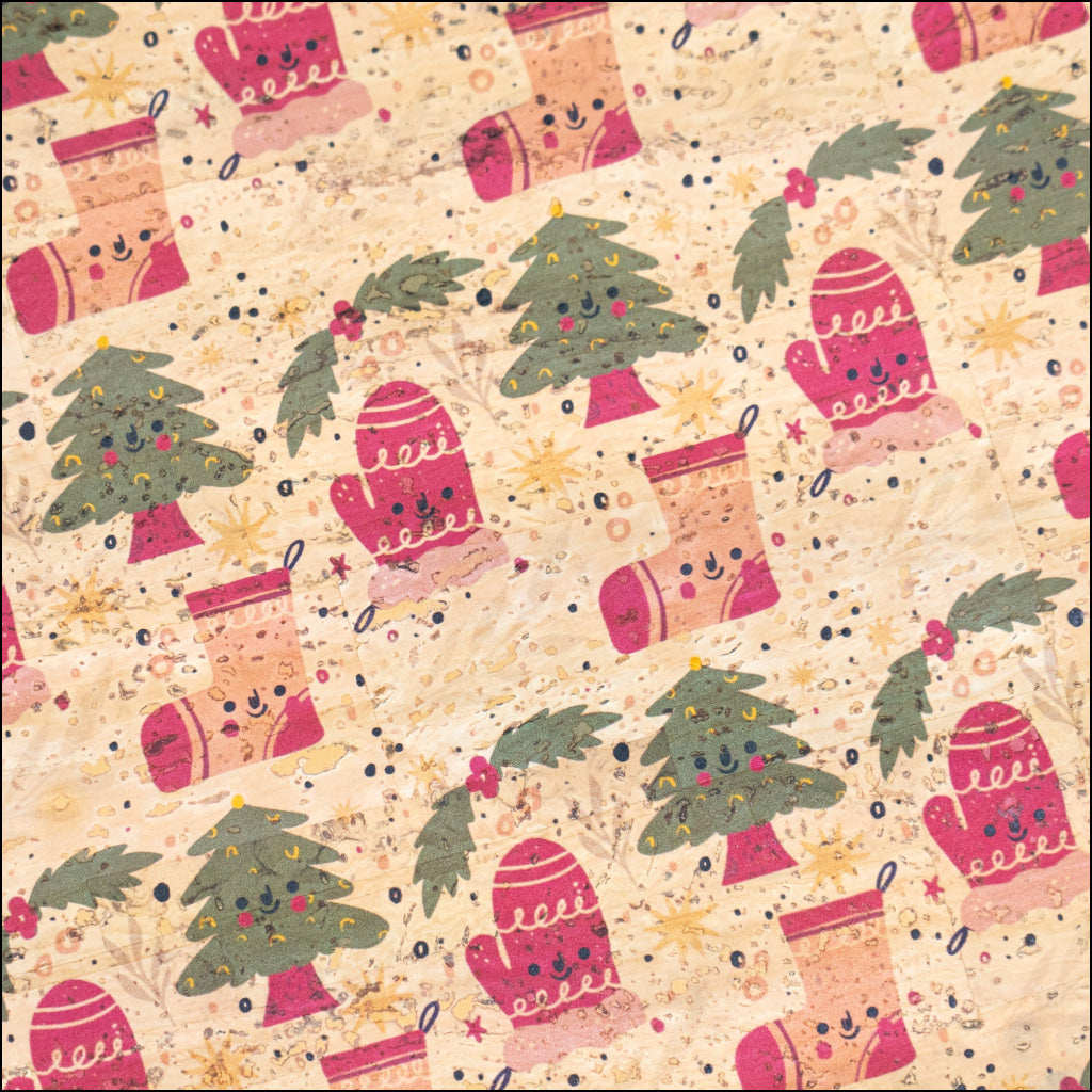Holiday Special - Cozy Mittens Stockings & Trees on Natural Cork Fabric COF-10 1/2M (138*50 cm / 54*19 inches) cork