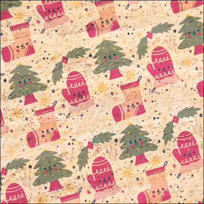 Holiday Special - Cozy Mittens Stockings & Trees on Natural Cork Fabric COF-10 1/2M (138*50 cm / 54*19 inches) cork