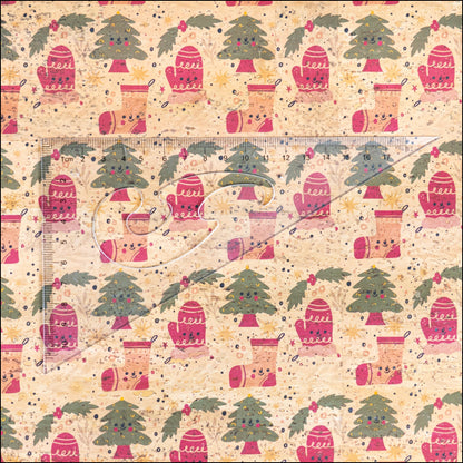 Holiday Special - Cozy Mittens Stockings & Trees on Natural Cork Fabric COF-10 1/2M (138*50 cm / 54*19 inches) cork