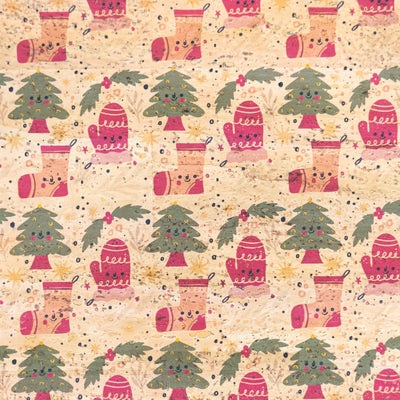 Holiday Special - Cozy Mittens Stockings & Trees on Natural Cork Fabric COF-10 1/2M (138*50 cm / 54*19 inches) cork