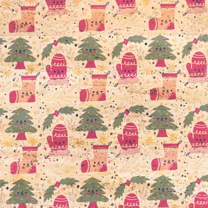 Holiday Special - Cozy Mittens Stockings & Trees on Natural Cork Fabric COF-10 1/2M (138*50 cm / 54*19 inches) cork