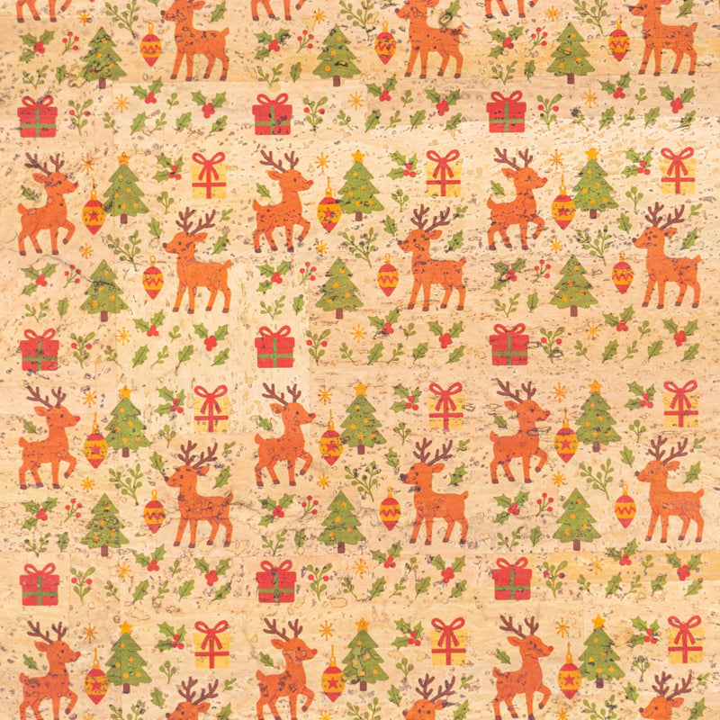 Holiday Special - Reindeer & Christmas Trees Cork Fabric COF-06 1/2M (138*50 cm / 54*19 inches) cork fabric