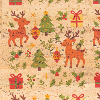 Holiday Special - Reindeer & Christmas Trees Cork Fabric COF-06 1/2M (138*50 cm / 54*19 inches) cork fabric