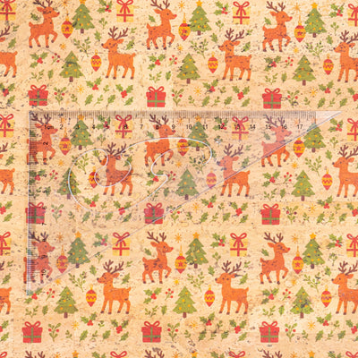 Holiday Special - Reindeer & Christmas Trees Cork Fabric COF-06 1/2M (138*50 cm / 54*19 inches) cork fabric