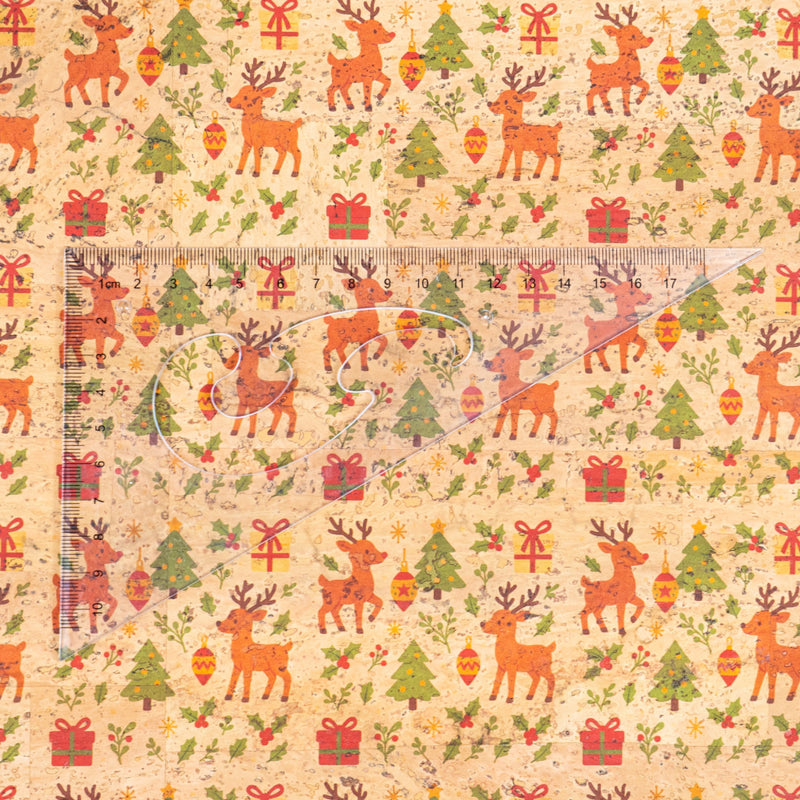 Holiday Special - Reindeer & Christmas Trees Cork Fabric COF-06 1/2M (138*50 cm / 54*19 inches) cork fabric