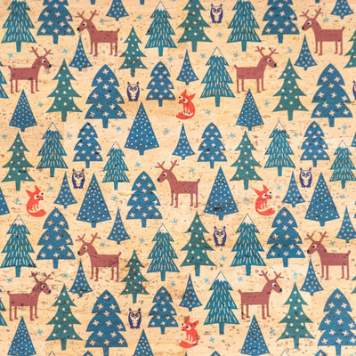 Holiday Special - Reindeer Foxes & Snowy Trees on Natural Cork Fabric COF-13 1/2M (138*50 cm / 54*19 inches) cork fabric