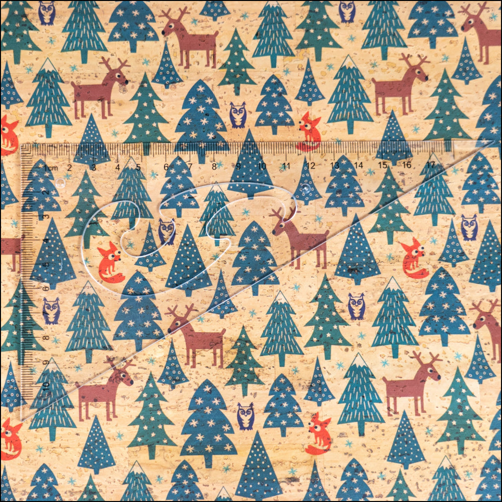Holiday Special - Reindeer Foxes & Snowy Trees on Natural Cork Fabric COF-13 1/2M (138*50 cm / 54*19 inches) cork fabric