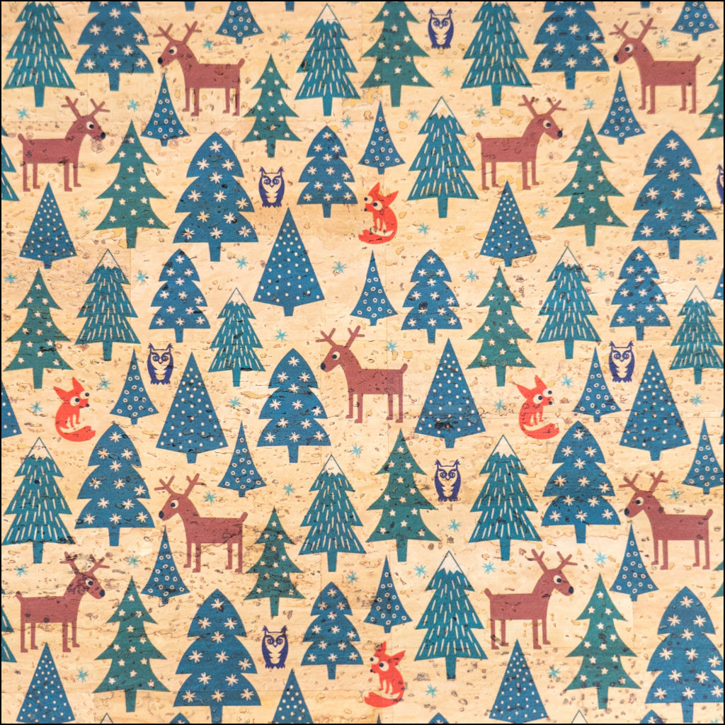 Holiday Special - Reindeer Foxes & Snowy Trees on Natural Cork Fabric COF-13 1/2M (138*50 cm / 54*19 inches) cork fabric