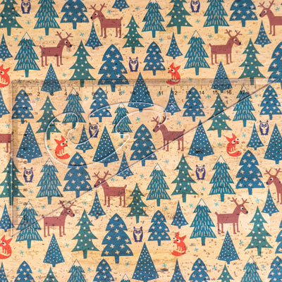 Holiday Special - Reindeer Foxes & Snowy Trees on Natural Cork Fabric COF-13 1/2M (138*50 cm / 54*19 inches) cork fabric